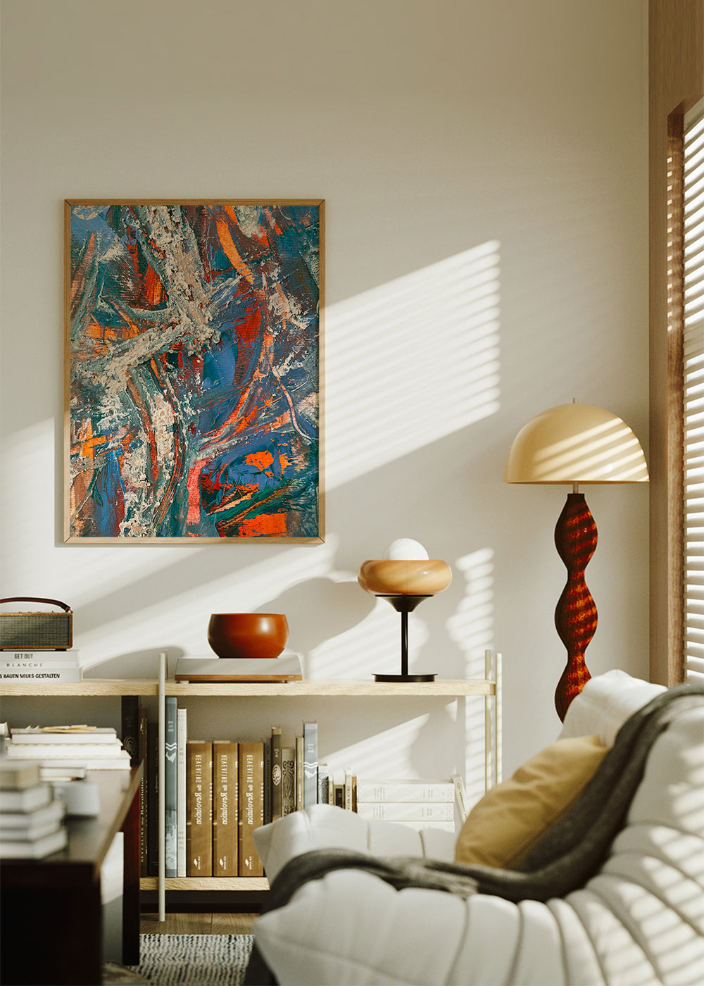 Quadro abstrato com pinceladas azuis e laranja
