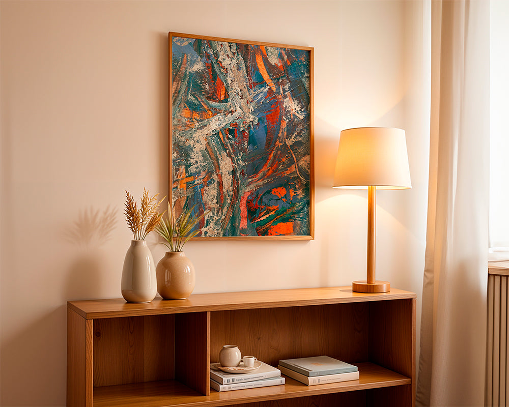 Quadro abstrato com pinceladas azuis e laranja