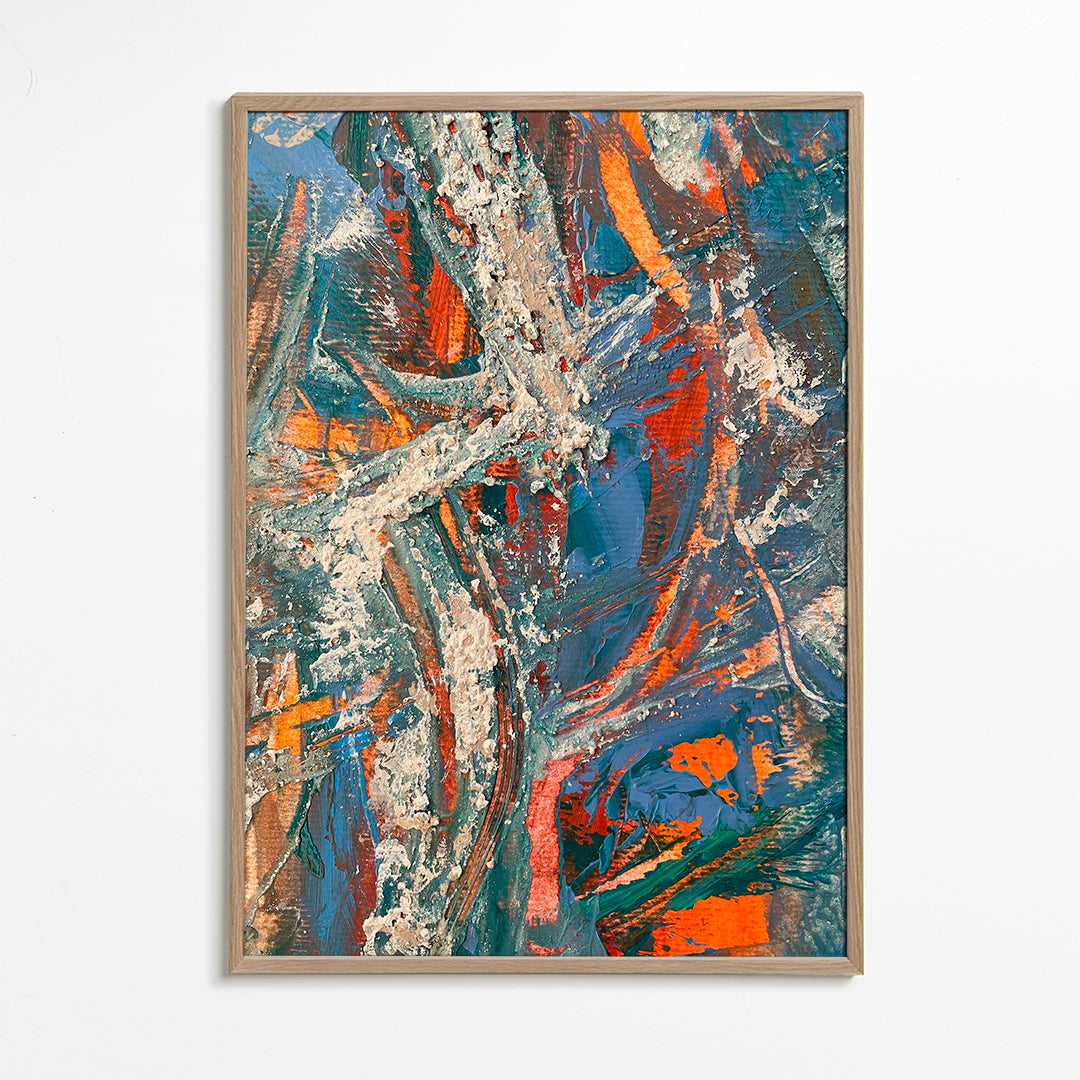 Quadro abstrato com pinceladas azuis e laranja