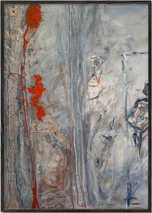 Quadro abstrato vertical com texturas cinza e toques vermelhos