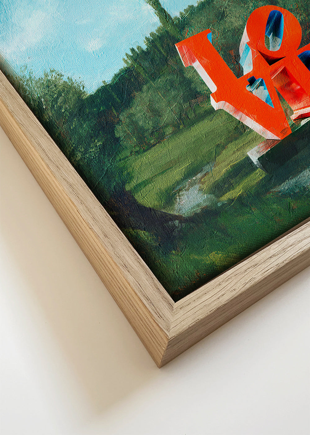 Quadro de paisagem com escultura LOVE vermelha
