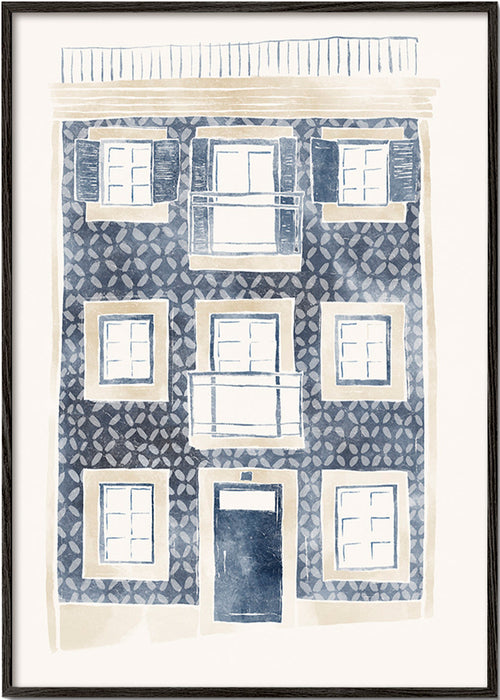 Ilustração de fachada azul com varandas – Black Frame
