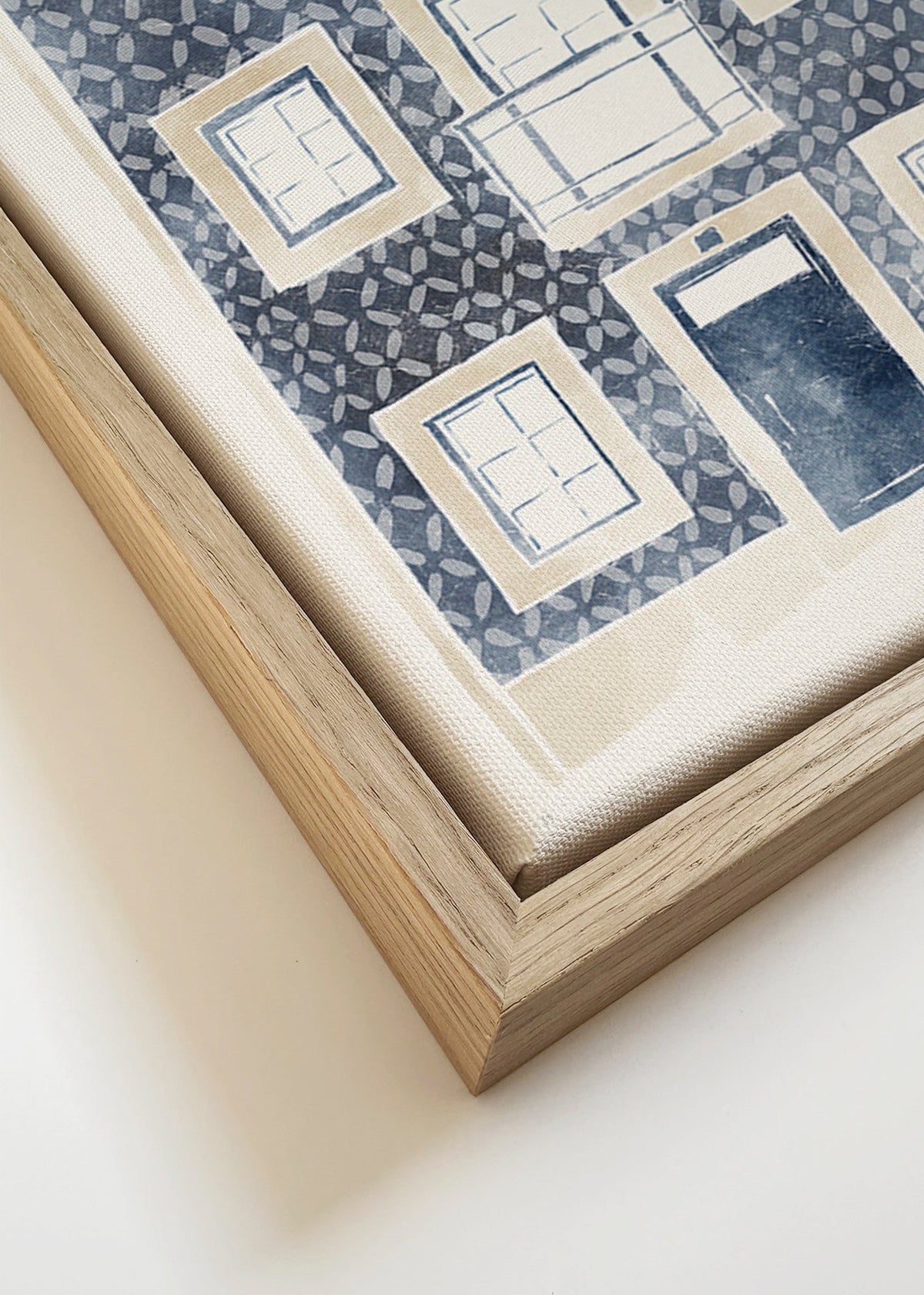 Ilustração de fachada azul com varandas – Canvas detail