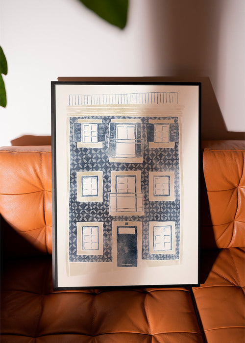 Ilustração de fachada azul com varandas – Product1