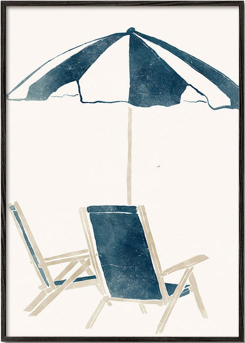 Quadro de paisagem com guarda-sol e espreguiçadeiras – Black Frame