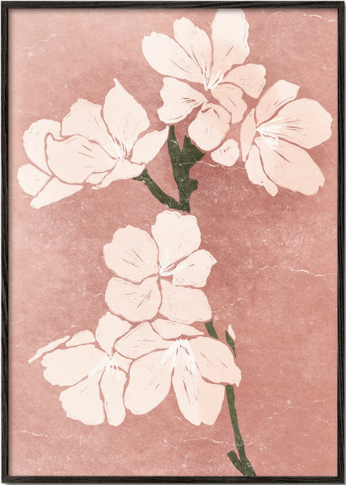 Estampa botânica flores rosa com textura vintage – Black Frame