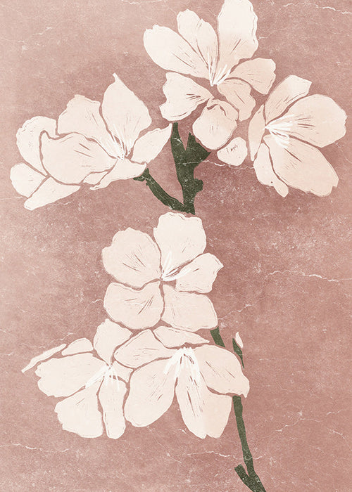 Estampa botânica flores rosa com textura vintage
