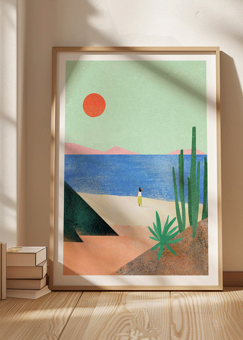 Ilustração de praia com figura distante