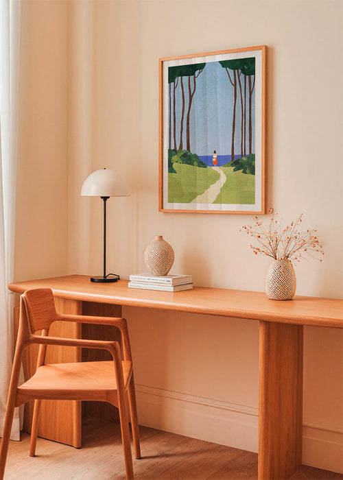 Quadro de paisagem com figura à beira-mar