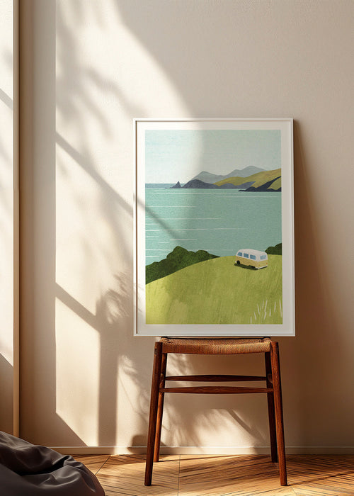 Quadro de paisagem com furgão à beira-mar