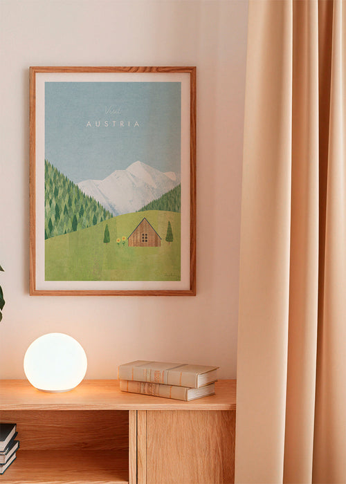 Poster de viagem com paisagem alpina ilustrada