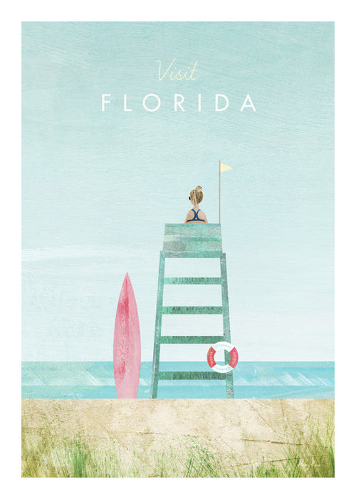 Ilustração praia Florida com torre e prancha
