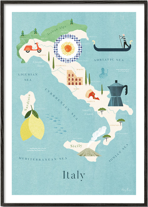 Poster de viagem: mapa ilustrado da Itália com ícones culinários