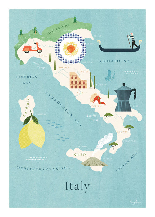 Poster de viagem: mapa ilustrado da Itália com ícones culinários