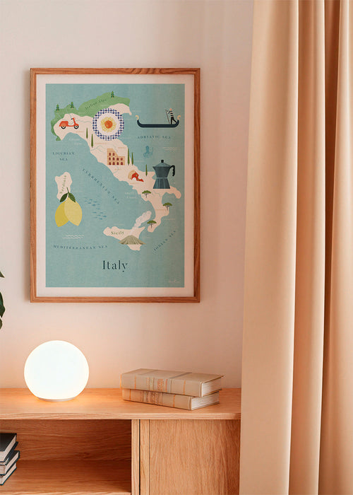 Poster de viagem: mapa ilustrado da Itália com ícones culinários