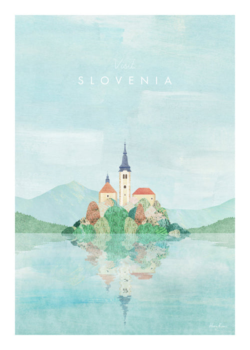 Poster de cidades Eslovénia: ilha com igreja e reflexo