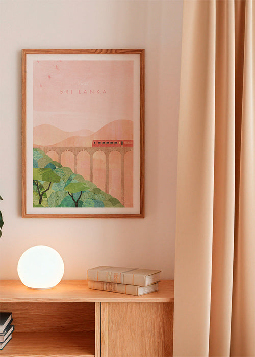 Poster de viagem: trem no viaduto em rosa