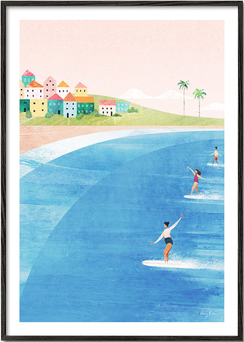 Arte desportiva: surfistas em praia pastel