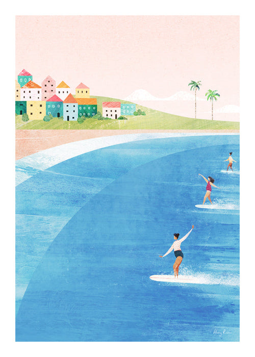 Arte desportiva: surfistas em praia pastel