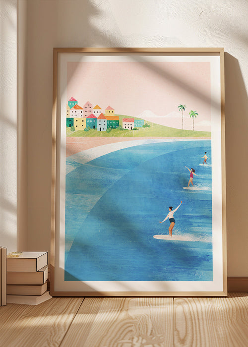 Arte desportiva: surfistas em praia pastel