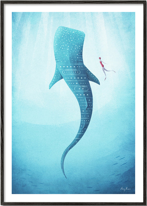 Quadro tubarão-baleia a nadar em azul