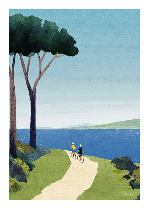 Arte desportivo com ciclistas junto ao mar