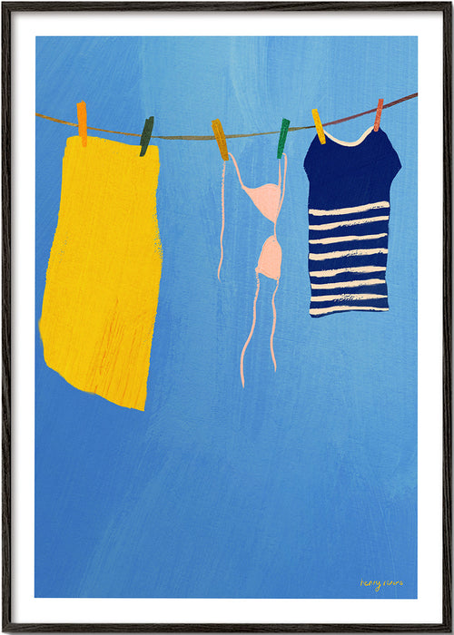 Ilustração de roupas no varal sobre fundo azul