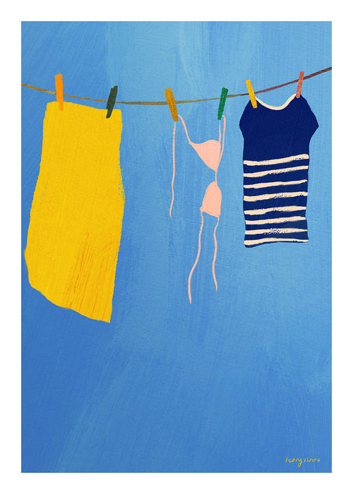 Ilustração de roupas no varal sobre fundo azul