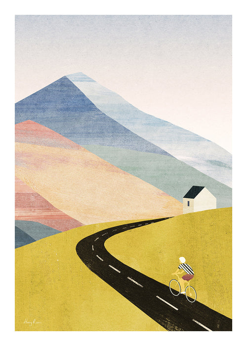 Arte paisagística com ciclista em estrada montanhosa