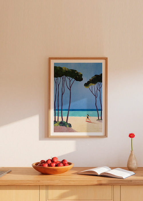 Design relaxante: yoga na praia entre pinheiros