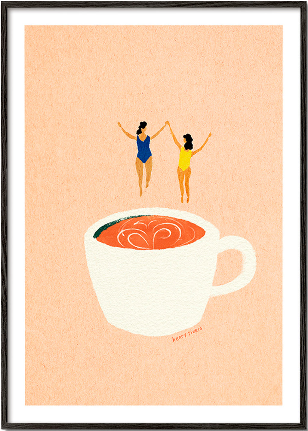 Arte para cozinha com xicara e banhistas – Black Frame
