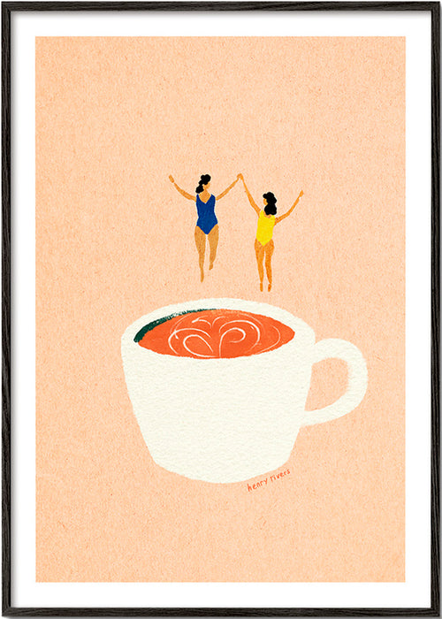 Arte para cozinha com xicara e banhistas – Black Frame