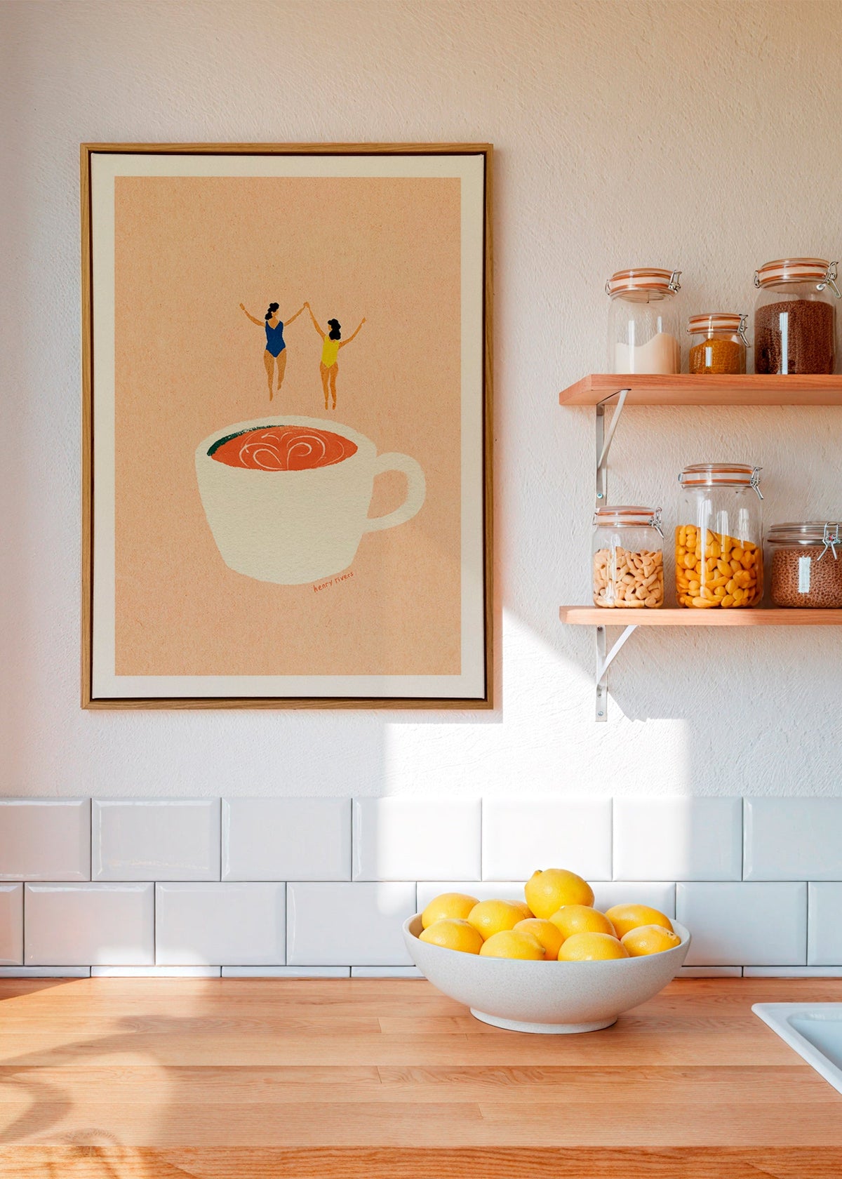 Arte para cozinha com xicara e banhistas – Canvas1