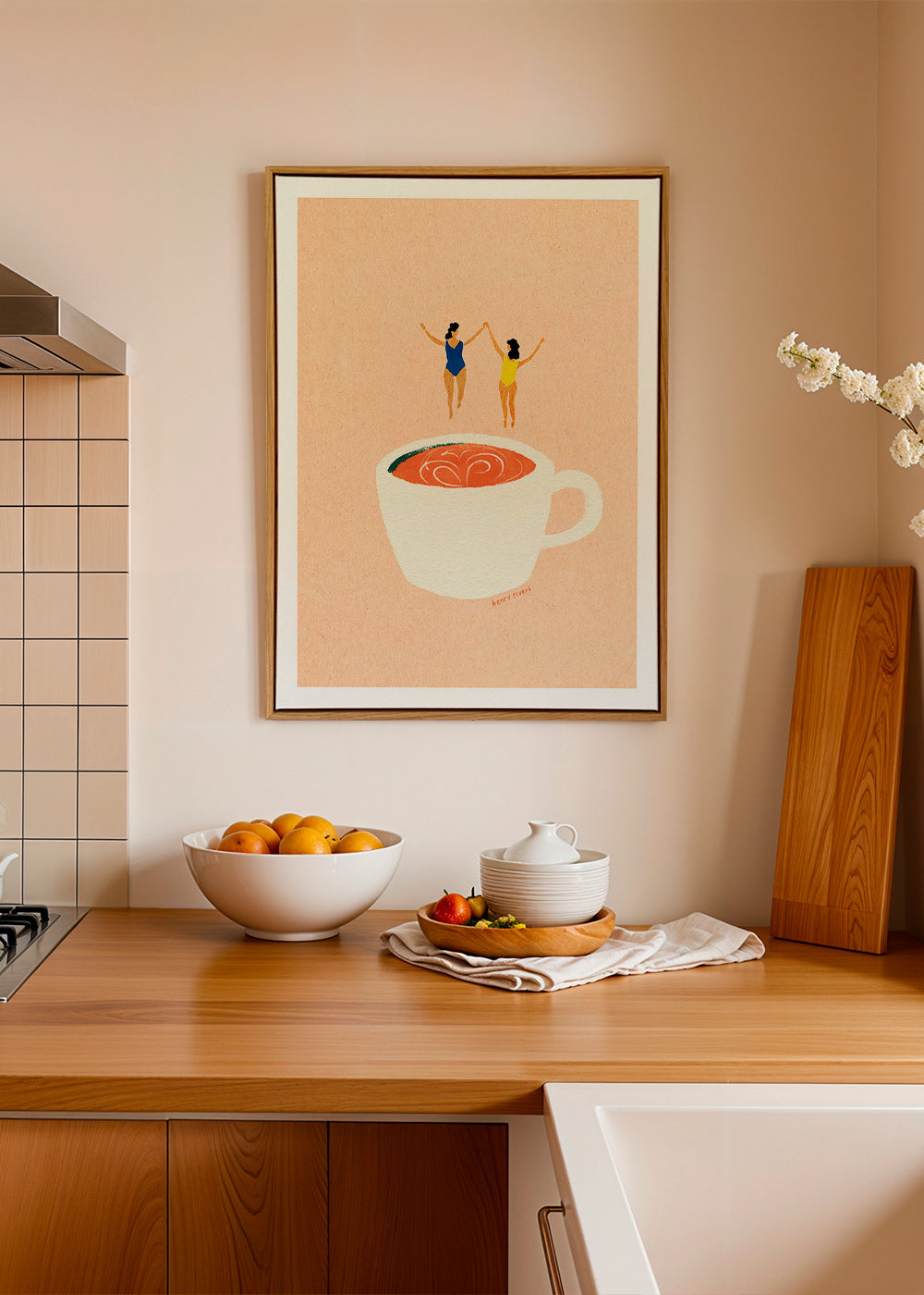 Arte para cozinha com xicara e banhistas – Canvas2