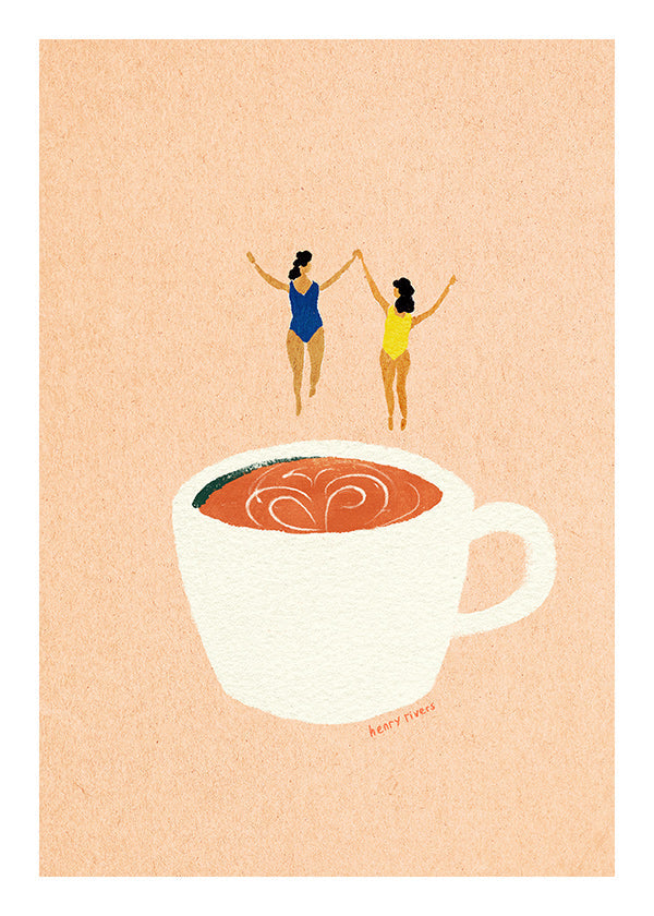 Arte para cozinha com xicara e banhistas