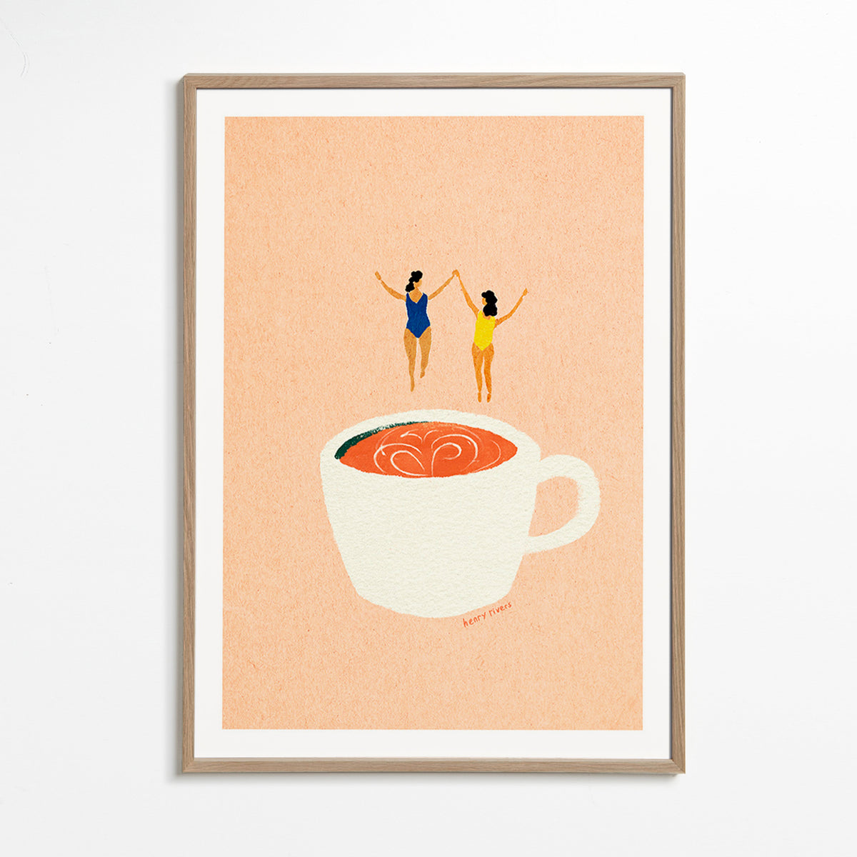 Arte para cozinha com xicara e banhistas – Oak Frame
