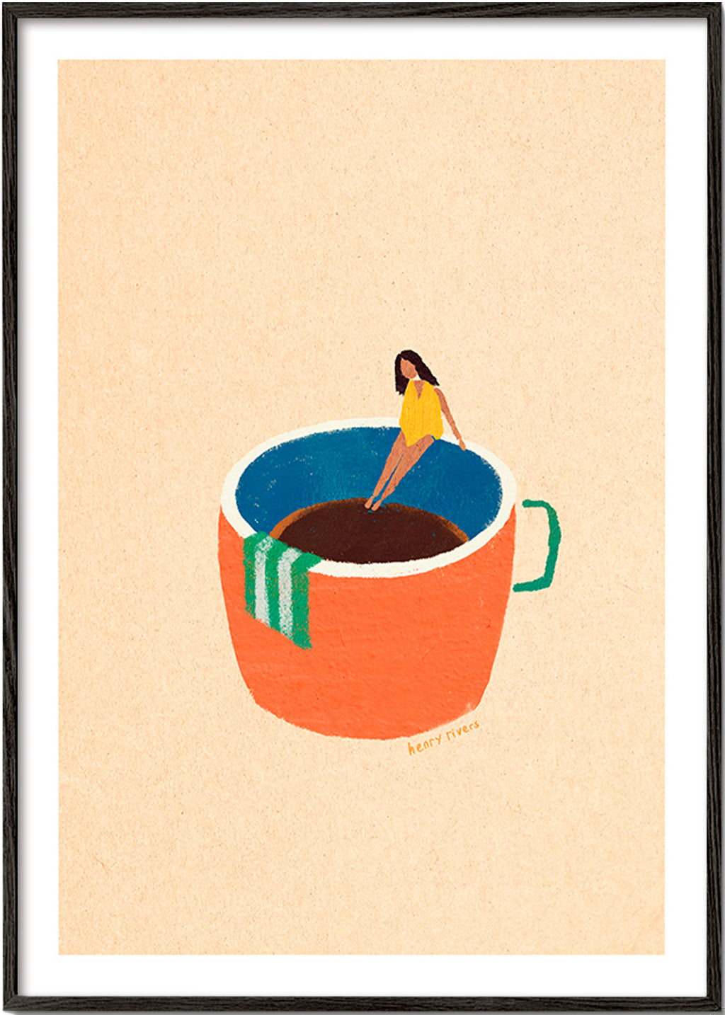 Arte para cozinha com caneca de café ilustrada e figura – Black Frame