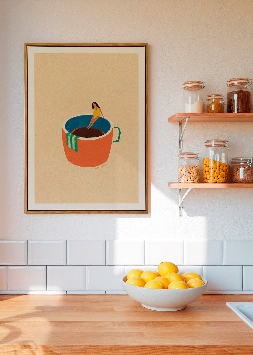 Arte para cozinha com caneca de café ilustrada e figura – Canvas1