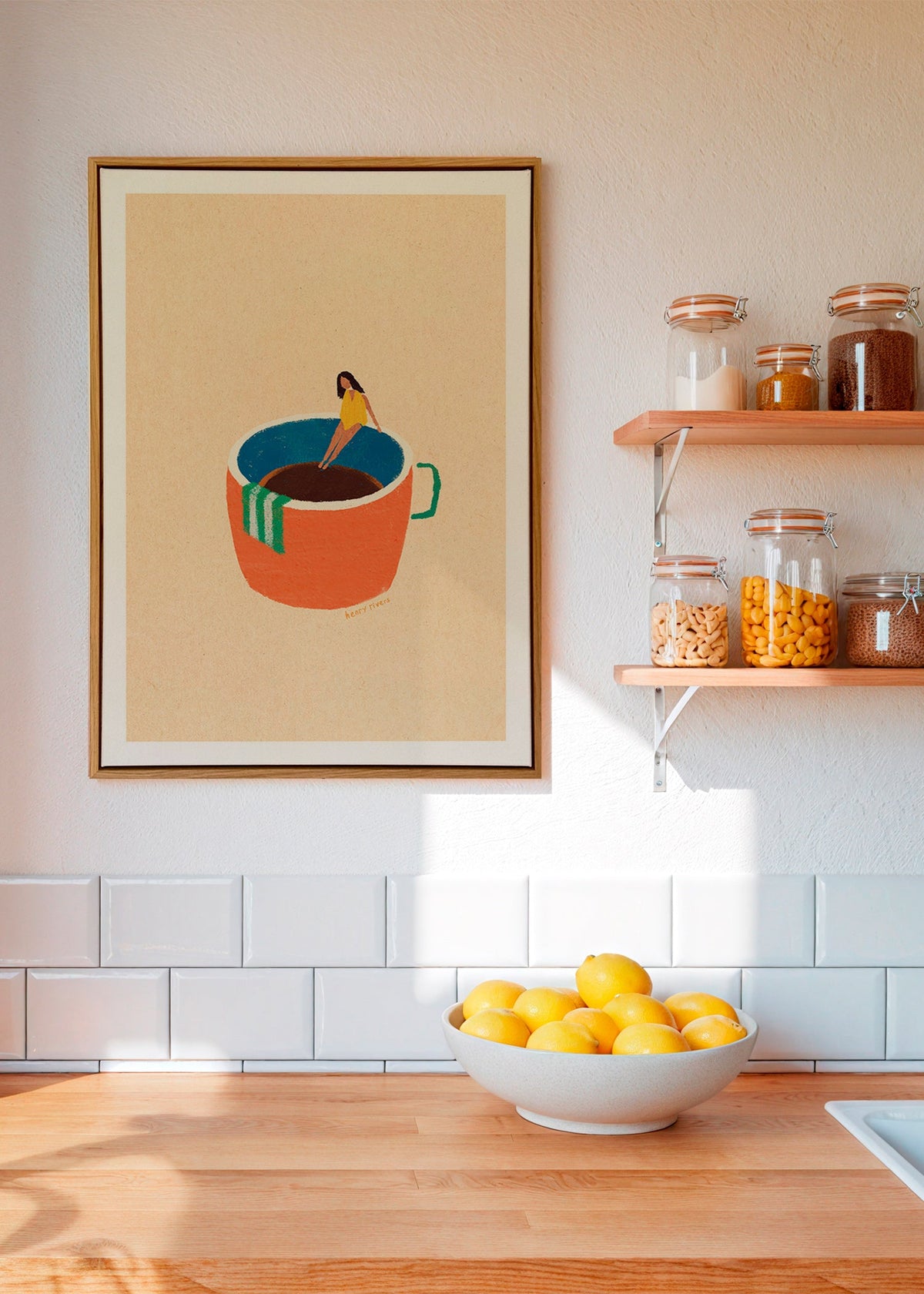 Arte para cozinha com caneca de café ilustrada e figura – Canvas1