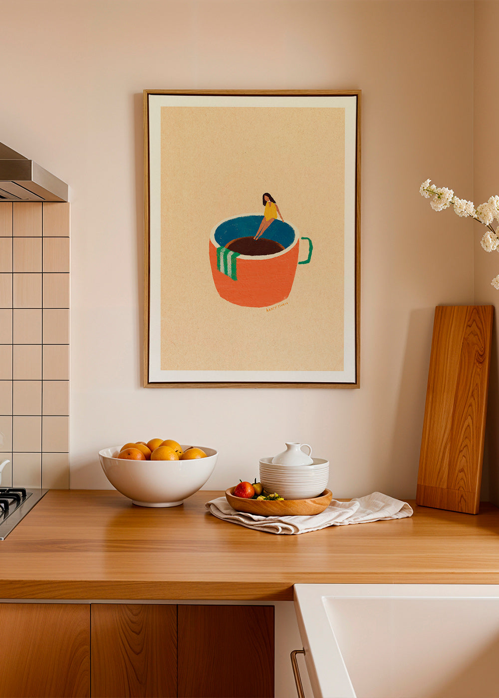 Arte para cozinha com caneca de café ilustrada e figura – Canvas2