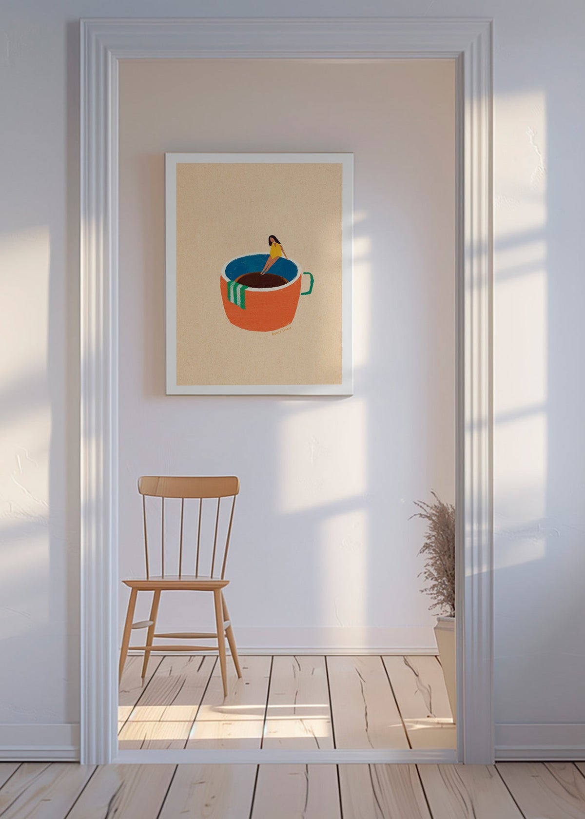 Arte para cozinha com caneca de café ilustrada e figura – Canvas