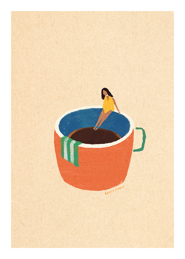 Arte para cozinha com caneca de café ilustrada e figura