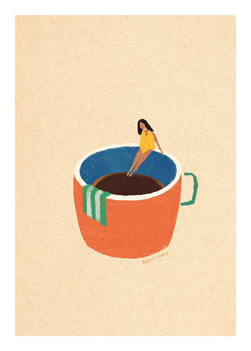 Arte para cozinha com caneca de café ilustrada e figura