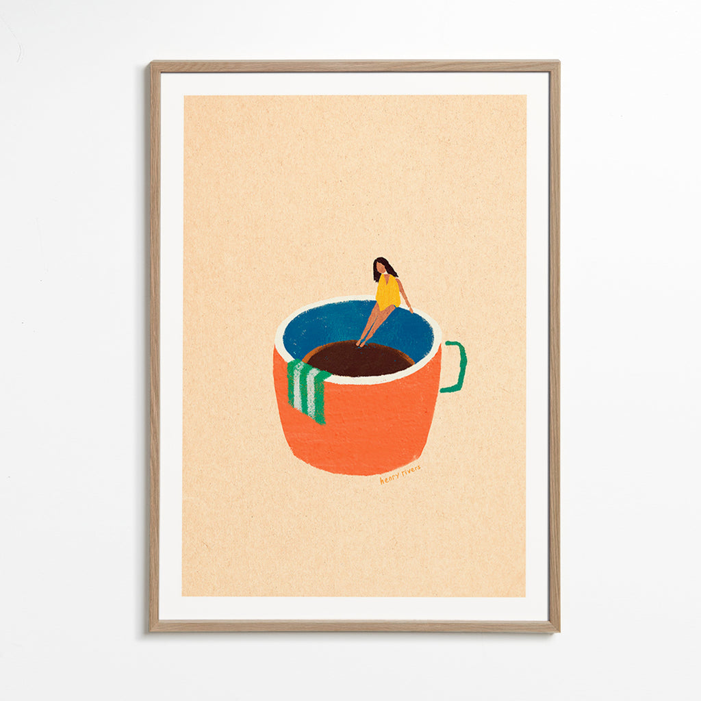 Arte para cozinha com caneca de café ilustrada e figura – Oak Frame