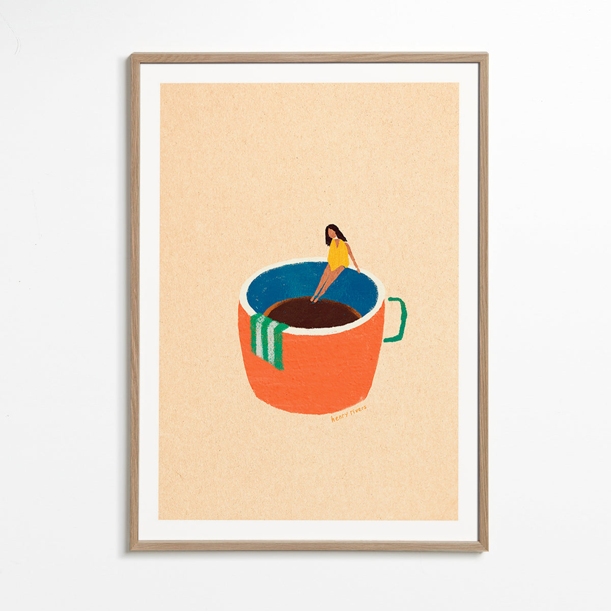 Arte para cozinha com caneca de café ilustrada e figura – Oak Frame