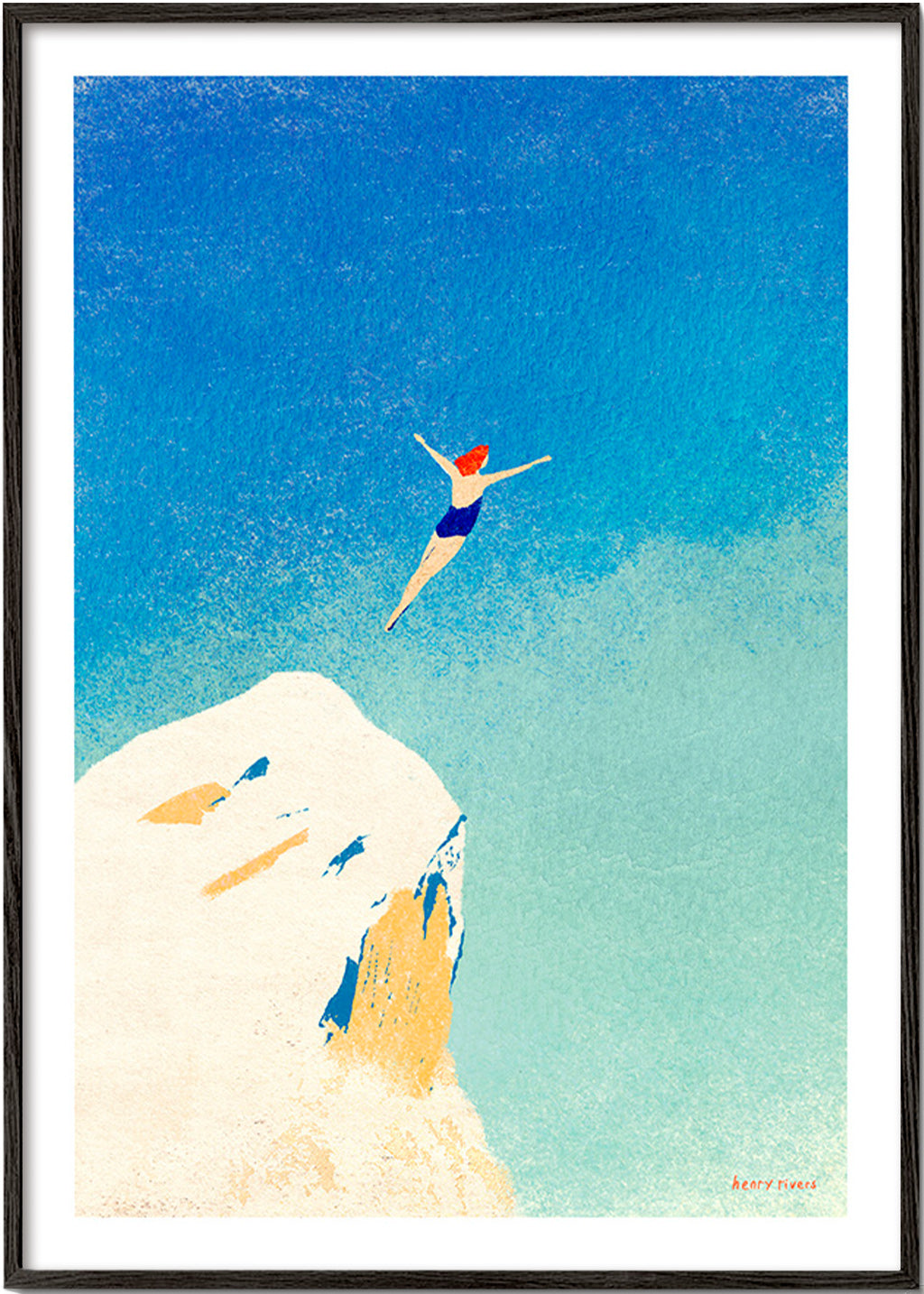 Ilustração: mergulho de penhasco contra céu azul – Black Frame