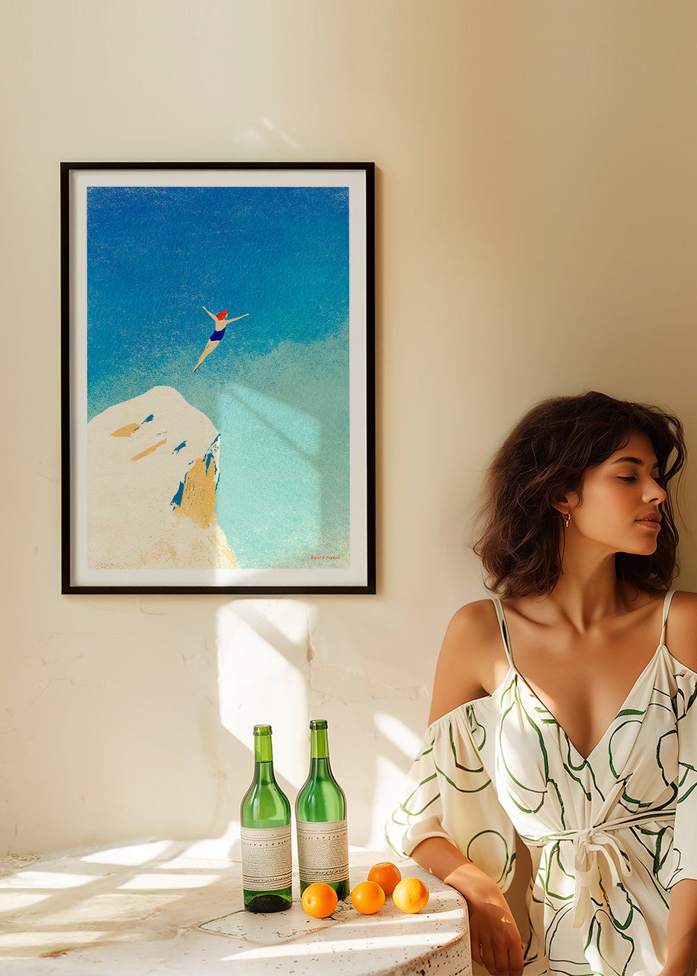 Ilustração: mergulho de penhasco contra céu azul – Product3