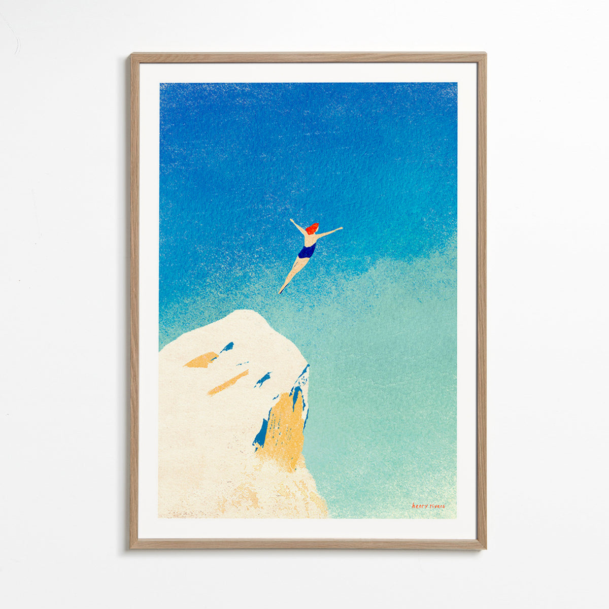 Ilustração: mergulho de penhasco contra céu azul – Oak Frame