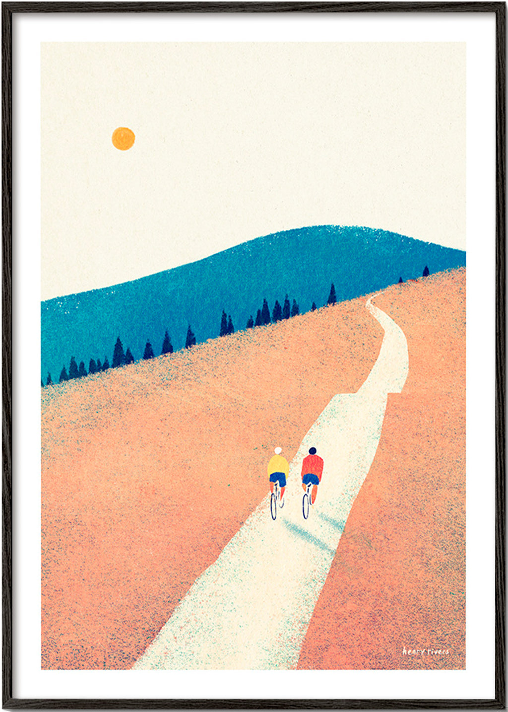 Arte desportiva com dois ciclistas em caminho soalheiro – Black Frame