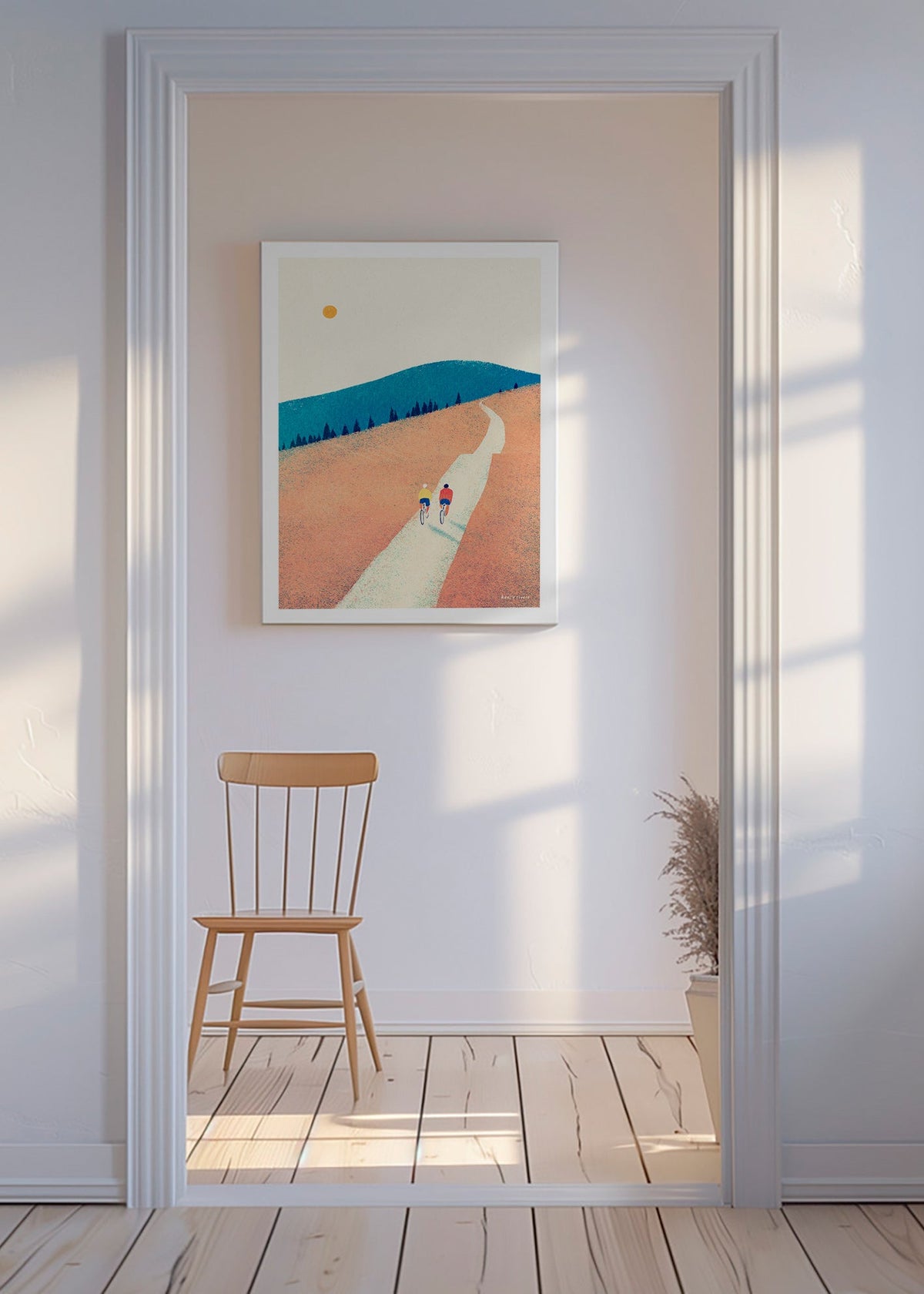 Arte desportiva com dois ciclistas em caminho soalheiro – Canvas